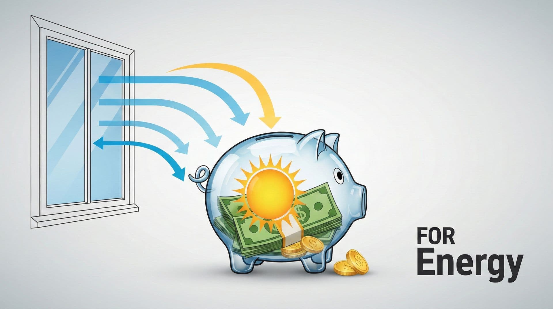 Illustration showing energy savings from efficient windows: on the left, a window with blue arrows indicating heat loss moving outward; on the right, a transparent piggy bank filled with cash and coins, glowing with a sun icon, representing saved energy and money, with the text “FOR Energy.”