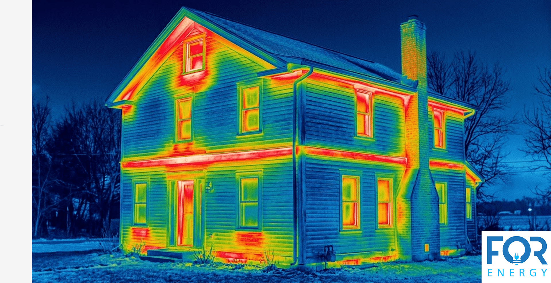 A thermal imaging scan of a two-story residential home at night, displaying heat loss patterns. The image uses a color gradient where red and yellow highlight significant heat escaping through windows, doors, and the roofline, while blue and green represent cooler, insulated areas. The "FOR ENERGY" logo is visible in the bottom right corner.