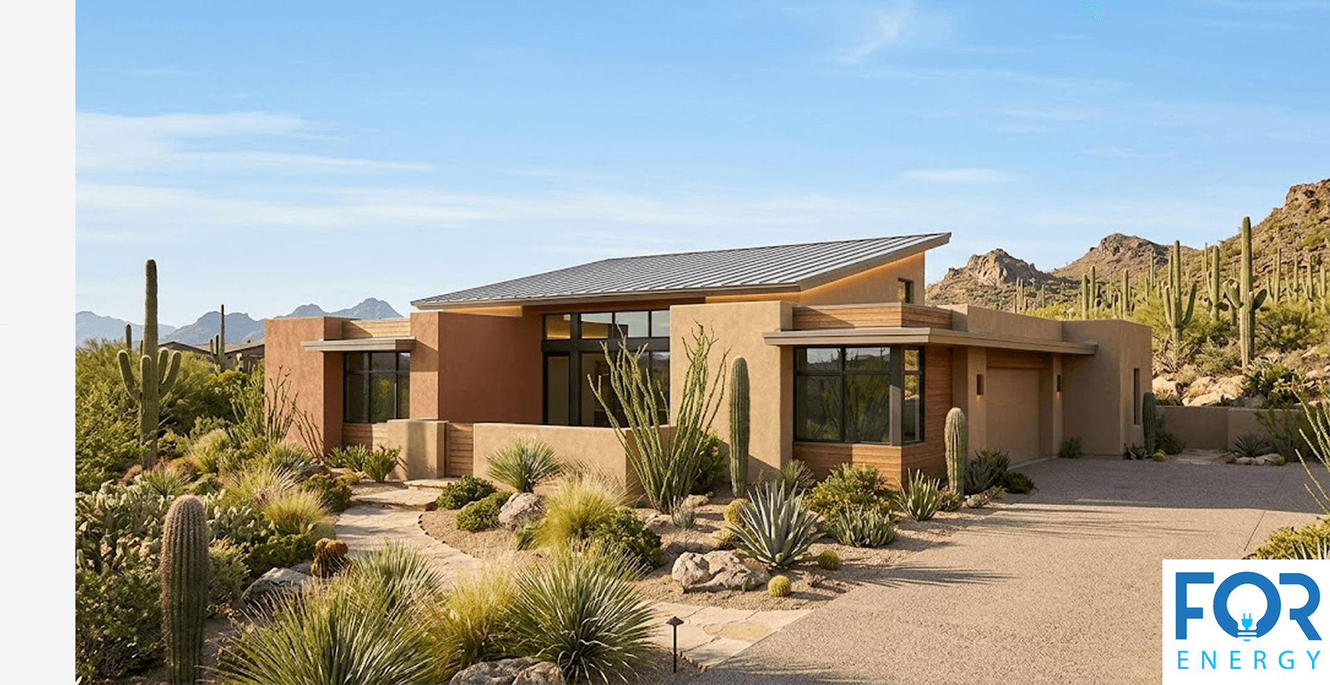 A modern, single-story desert home featuring flat and sloped rooflines with earthy tan and terracotta walls. The house is surrounded by xeriscaping, including Saguaro cacti, agaves, and desert grasses under a clear blue sky with mountains in the background. The "FOR ENERGY" logo is positioned in the bottom right corner.