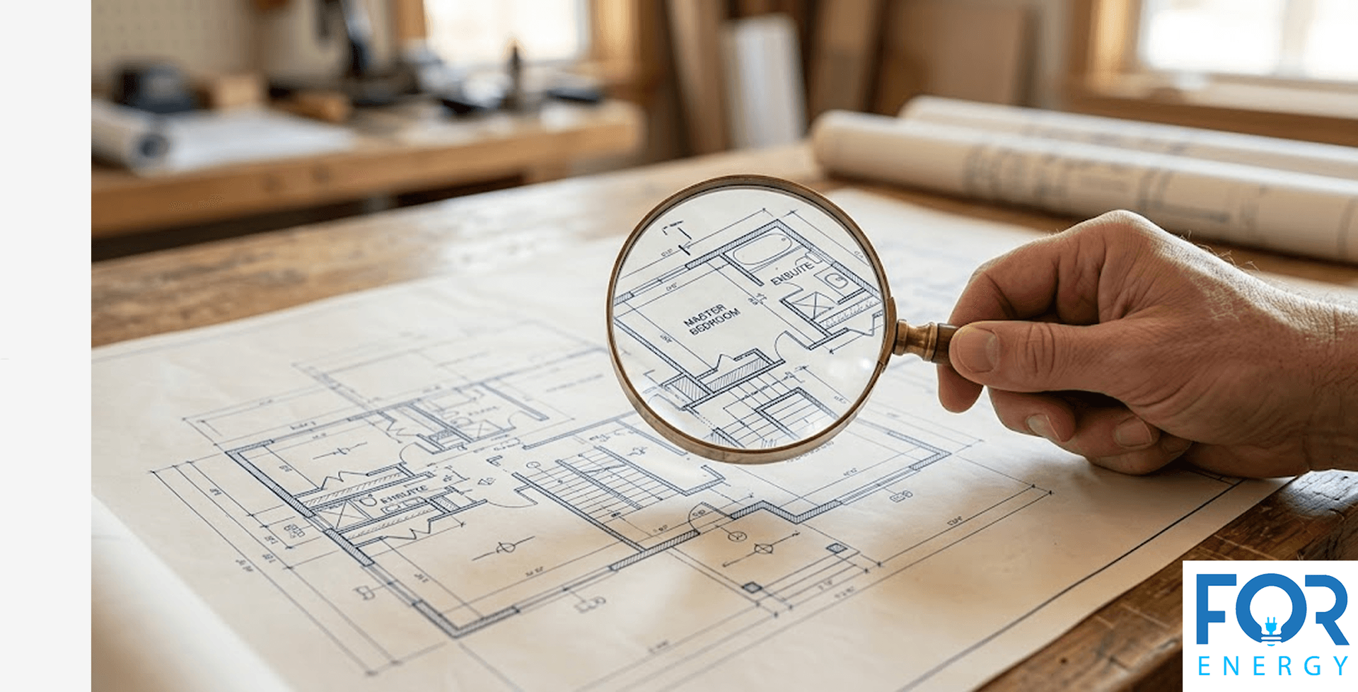 A person's hand holds a magnifying glass over a detailed architectural blueprint of a house, focusing on the master bedroom and ensuite. The setting is a rustic wooden workbench in a brightly lit workshop, with additional rolled plans in the background. The bottom right corner features the "FOR ENERGY" logo in blue.