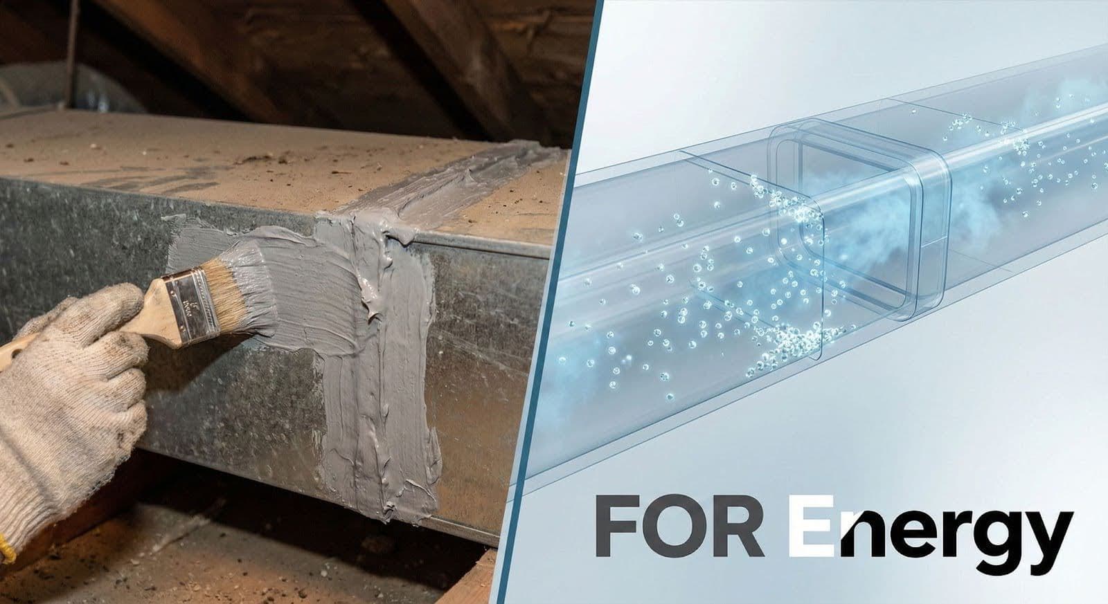 A split image showing two approaches to HVAC duct sealing: on the left, a gloved hand uses a paintbrush to apply gray sealant to a metal duct joint in an attic; on the right, a clean, transparent illustration shows air particles flowing smoothly through a sealed duct, with partial text reading “FOR Energy” on the right side.