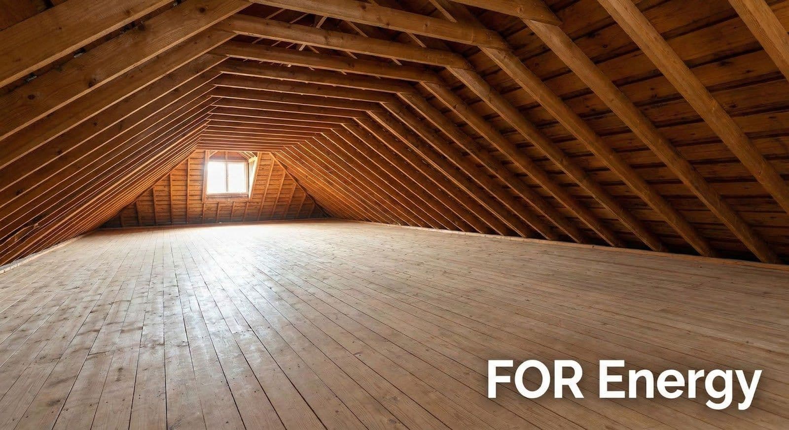 Photo of an empty attic with exposed wooden rafters and beams forming a peaked roof. Sunlight enters through a small window at the far end, illuminating the unfinished wood floor and highlighting the open, uninsulated roof structure, emphasizing the attic space where heat can accumulate.