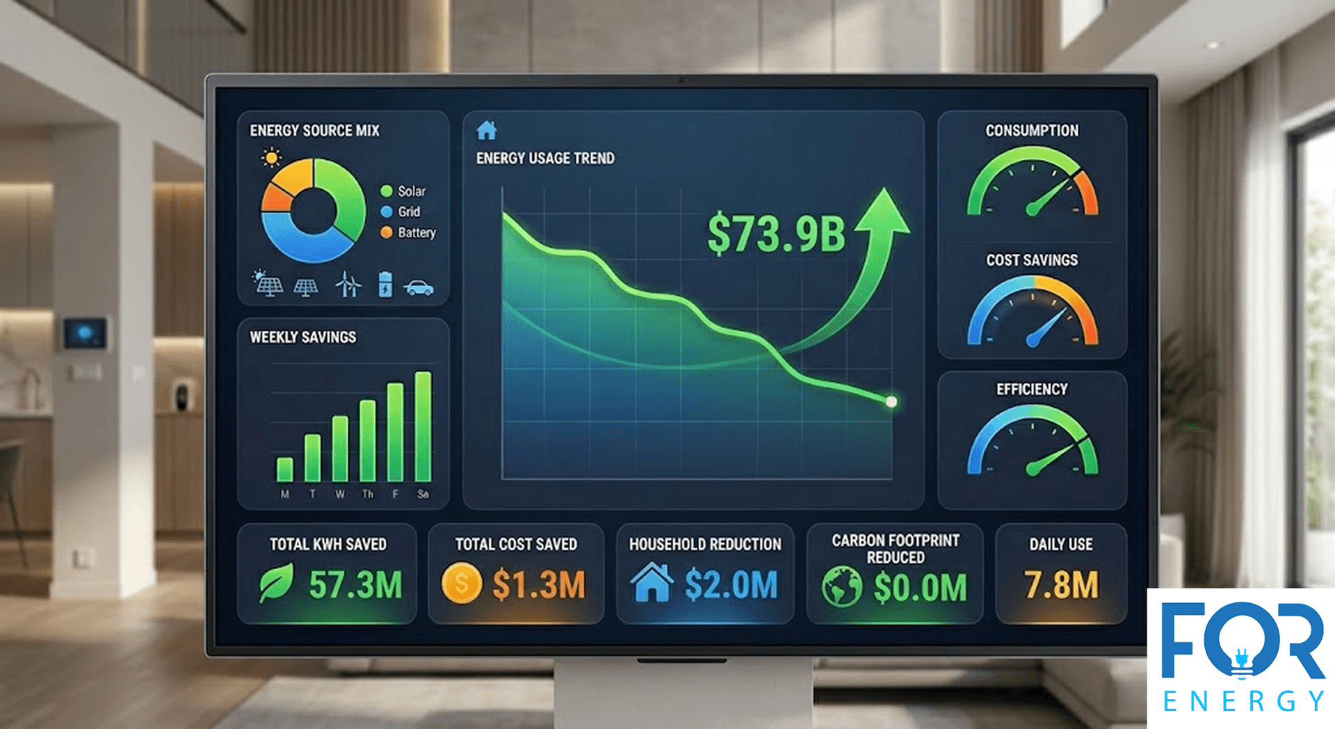 A large digital monitor displays a comprehensive energy management dashboard inside a modern home. The interface features various data visualizations, including an "Energy Usage Trend" line graph showing a downward trajectory, a donut chart for "Energy Source Mix" (Solar, Grid, Battery), and gauge meters for consumption, cost savings, and efficiency. Key metrics at the bottom highlight total kWh saved, cost saved, and carbon footprint reduction. The "FOR ENERGY" logo is in the bottom right corner.