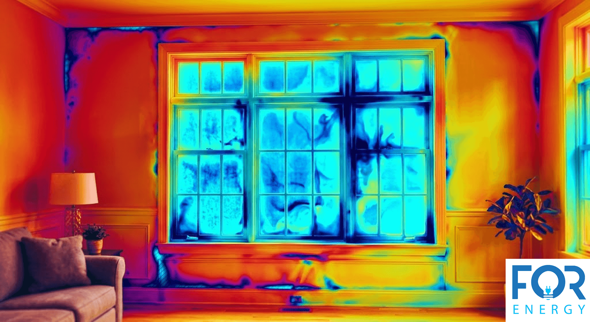 An indoor thermal imaging scan of a living room window and wall, revealing areas of air leakage and temperature variations. Cold air infiltration is shown in dark blue and purple around the window frames and ceiling corners, contrasting with the warmer orange and yellow surfaces of the interior walls. The "FOR ENERGY" logo is featured in the bottom right corner.