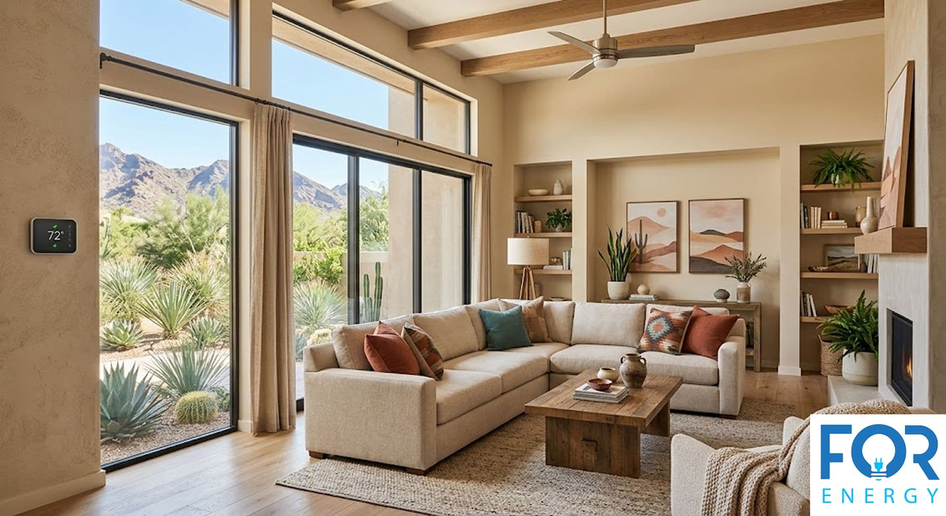 A modern, sun-drenched living room with high ceilings, exposed wooden beams, and large floor-to-ceiling windows offering a view of a desert mountain landscape. The room is decorated in neutral tones with a beige sectional sofa, Southwestern-style A modern, sun-drenched living room with high ceilings, exposed wooden beams, and large floor-to-ceiling windows offering a view of a desert mountain landscape. The room is decorated in neutral tones with a beige sectional sofa, Southwestern-style pillows, and built-in shelving. A smart thermostat on the wall displays 72 degrees, and the "FOR ENERGY" logo is in the bottom right corner.pillows, and built-in shelving. A smart thermostat on the wall displays 72 degrees, and the "FOR ENERGY" logo is in the bottom right corner.