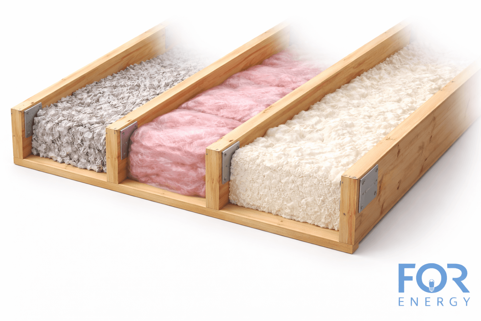 A comparison display of three types of home insulation installed between wooden studs: gray cellulose insulation, pink fiberglass batts, and white spray foam insulation. The FOR Energy logo appears in the bottom right corner.