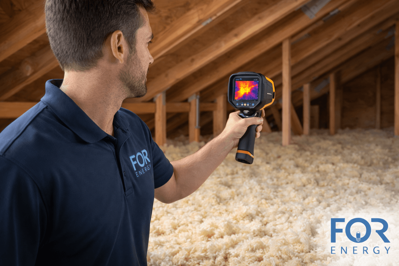 A technician wearing a FOR Energy polo uses a handheld thermal imaging camera to scan an attic filled with insulation, with the camera screen displaying a heat map to detect temperature differences and potential energy loss. The FOR Energy logo appears in the bottom right corner.