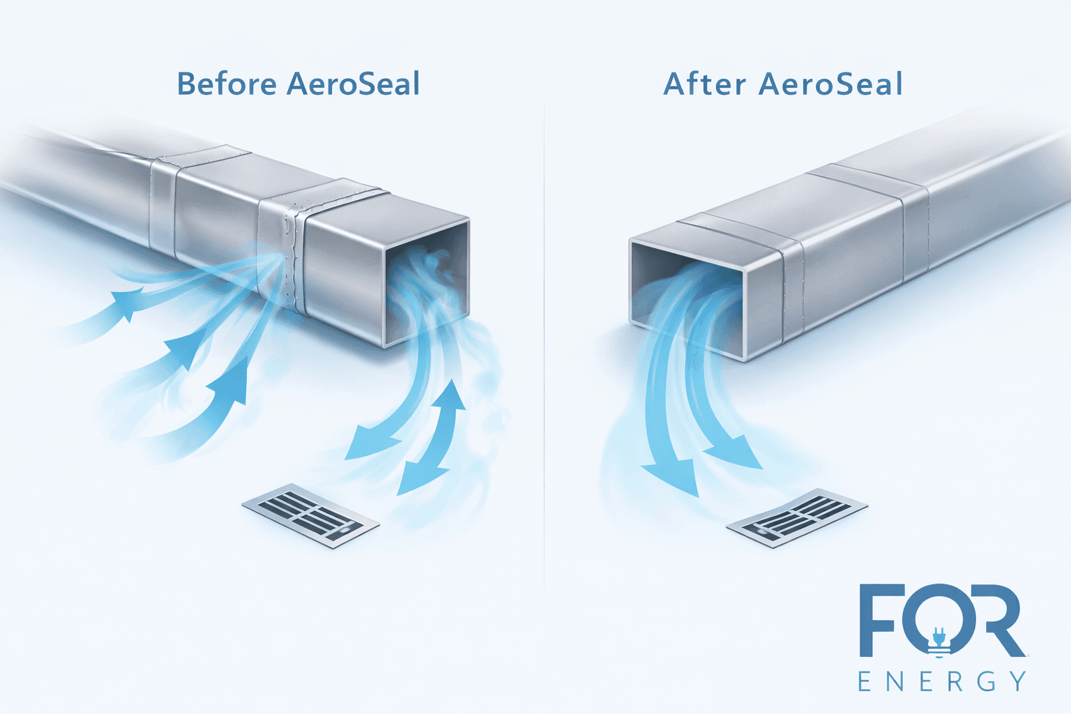 Side-by-side illustration of a metal air duct labeled “Before AeroSeal” and “After AeroSeal.” On the left, the duct joints have visible gaps with blue arrows and mist showing air leaking out in multiple directions above a floor vent. On the right, the sealed duct shows smooth joints with blue arrows flowing straight downward into the vent, indicating improved airflow. The FOR Energy logo appears in the bottom right corner.