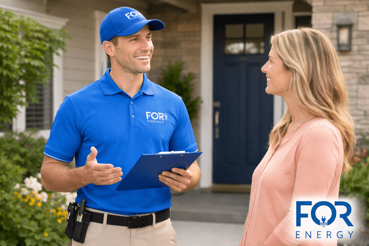 A smiling FOR Energy technician wearing a blue company polo and matching cap stands outside a home, holding a clipboard and speaking with a female homeowner. The technician gestures as he explains something, while the homeowner listens and smiles. They stand in front of a house with a dark blue front door, stone accents, and greenery. The FOR Energy logo appears in the bottom right corner.