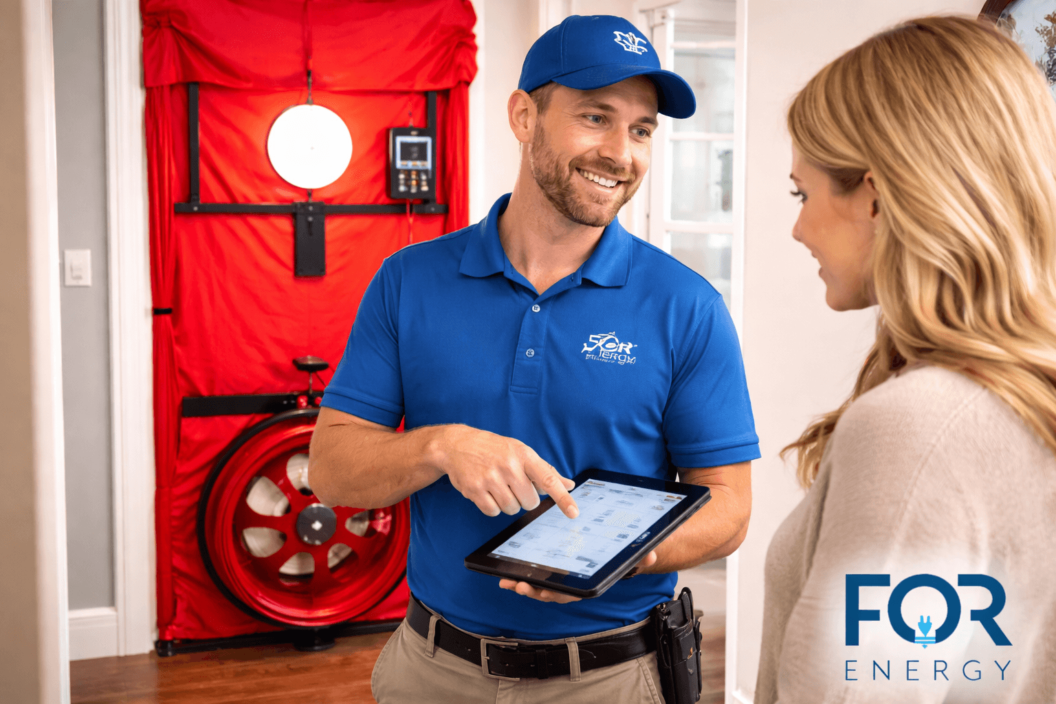 A FOR Energy technician wearing a blue polo and cap stands indoors with a homeowner, smiling as he points to information on a tablet. Behind them, a red blower door test fan is installed in a doorway, indicating a home energy audit in progress. The homeowner listens attentively. The FOR Energy logo appears in the bottom right corner.