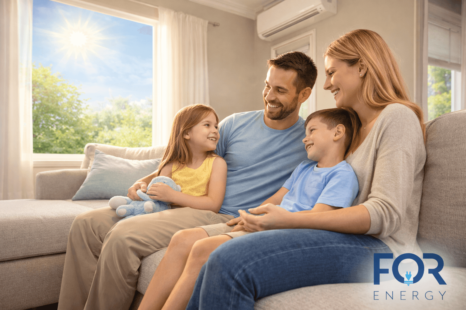 A smiling family of four sits together on a couch in a bright living room. Sunlight streams through a large window, and a wall-mounted air conditioning unit is visible above. The parents sit with their young daughter and son, all laughing and looking at each other comfortably. The FOR Energy logo appears in the bottom right corner.