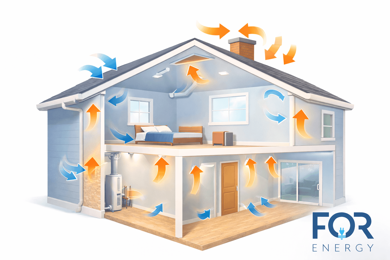 Cutaway illustration of a two-story house showing airflow and heat movement throughout the structure. Orange arrows indicate warm air rising from lower levels and escaping through the attic and roof, while blue arrows show cooler air entering and circulating inside. The image highlights areas such as windows, doors, walls, and the chimney where air movement occurs. The FOR Energy logo appears in the bottom right corner.