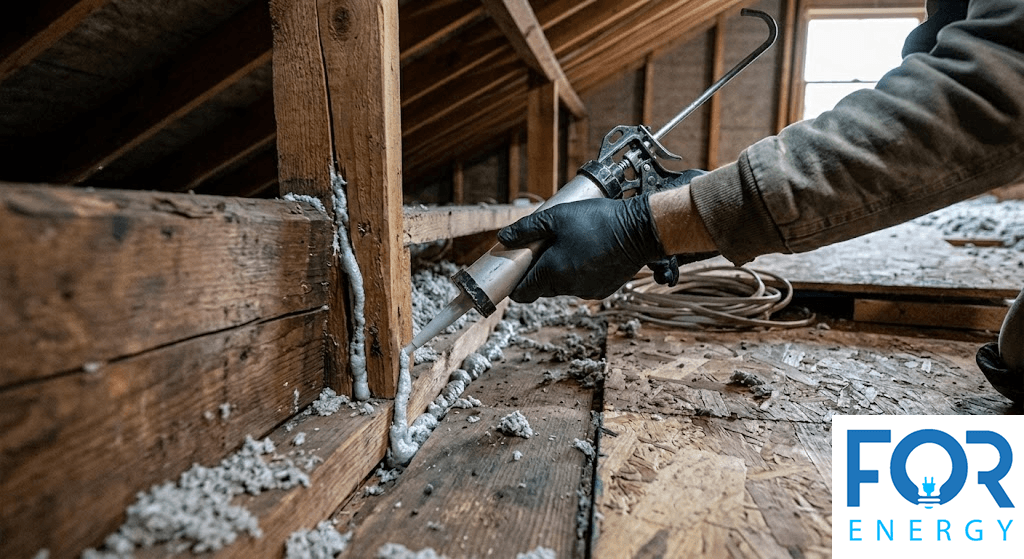 A close-up shot of a person wearing black gloves using a caulking gun to apply a bead of white sealant to the gaps between wooden beams in an attic. Grey cellulose insulation is scattered on the floorboards, and the "FOR ENERGY" logo is positioned in the bottom right corner.
