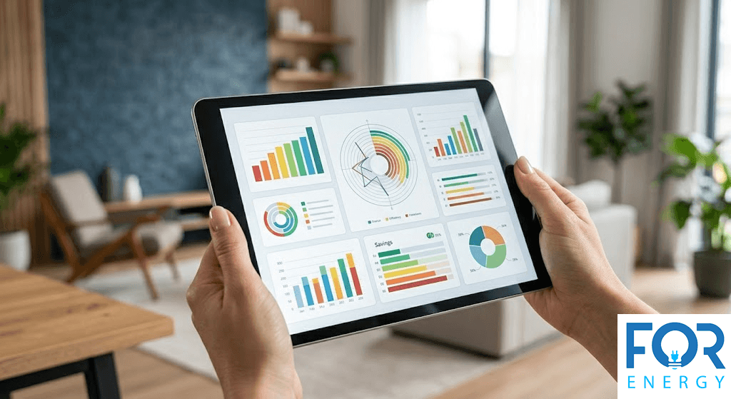 A person holding a tablet displaying a colorful data dashboard with various charts, bar graphs, and a circular radar plot representing energy savings and efficiency metrics. The background shows a blurred, modern living room, and the "FOR ENERGY" logo is in the bottom right corner.