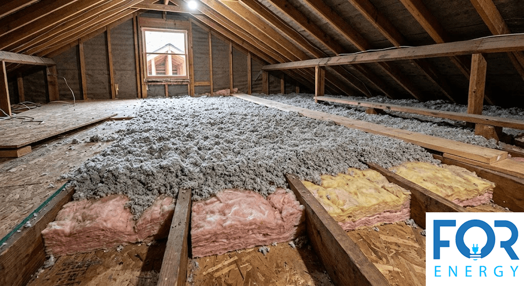 An attic space undergoing insulation installation, showing a mix of pink and yellow fiberglass batts tucked between wooden floor joists, partially covered by a thick layer of grey blown-in cellulose insulation. The "FOR ENERGY" logo is visible in the bottom right corner.