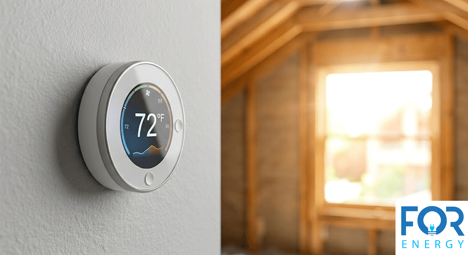 A close-up of a modern circular smart thermostat mounted on a white wall, displaying a temperature of 72°F. The background is a blurred view of a sunlit attic space with wooden rafters and a window. The "FOR ENERGY" logo is visible in the bottom right corner.