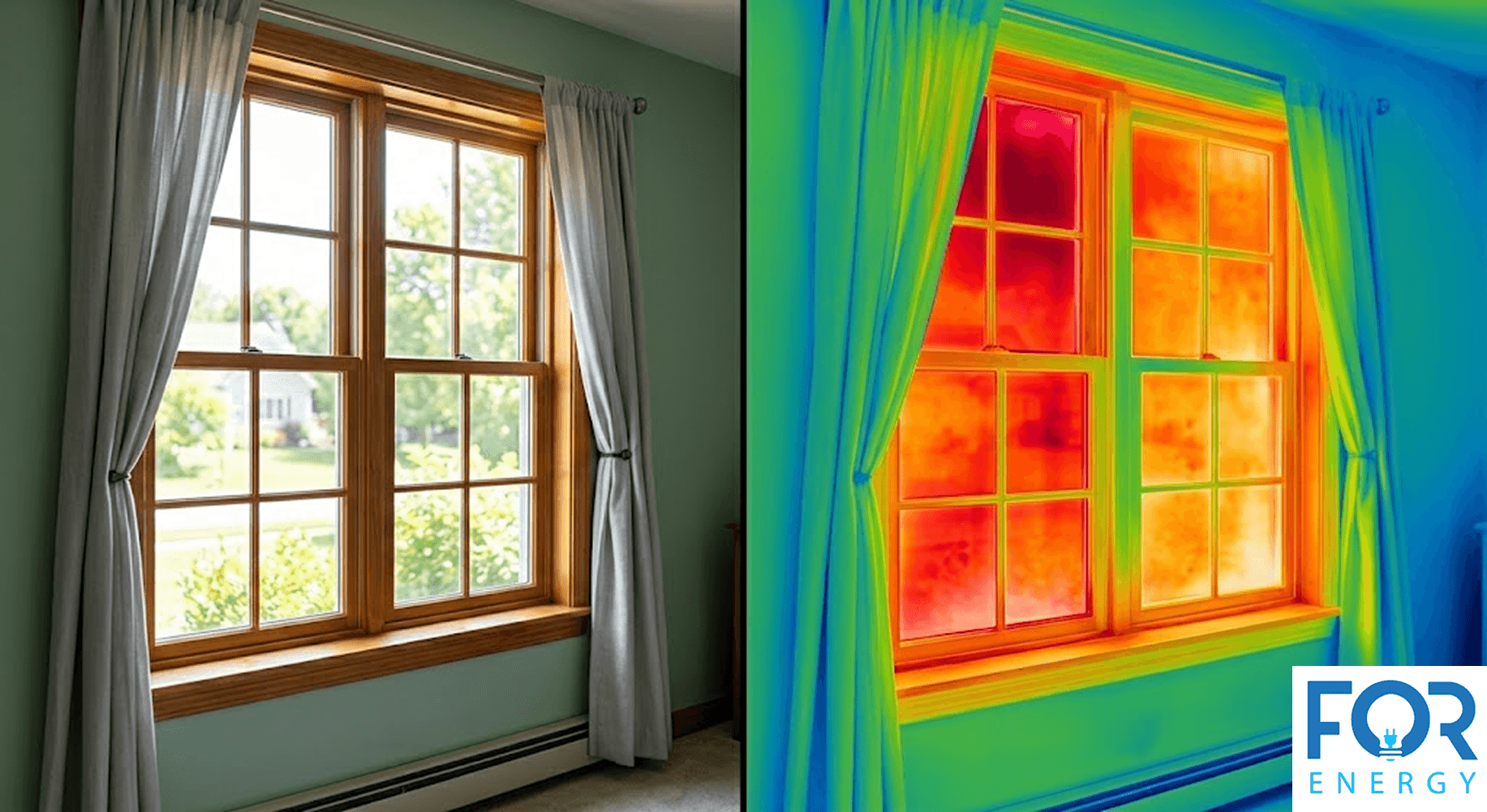 A side-by-side comparison of a double-hung window with wooden frames. The left side shows a standard photograph of the window in a green room, while the right side shows a thermal imaging view where bright orange and red colors indicate significant heat gain through the glass. The "FOR ENERGY" logo is in the bottom right corner.