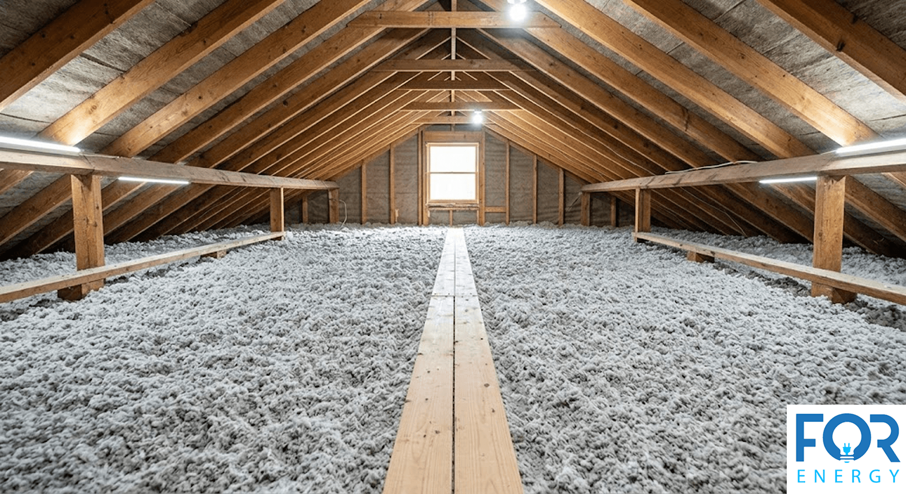 An expansive view of an attic floor fully covered in a thick, even layer of grey blown-in cellulose insulation. A wooden plank walkway extends toward a small window at the far end of the gabled roof, and the "FOR ENERGY" logo is featured in the bottom right corner.