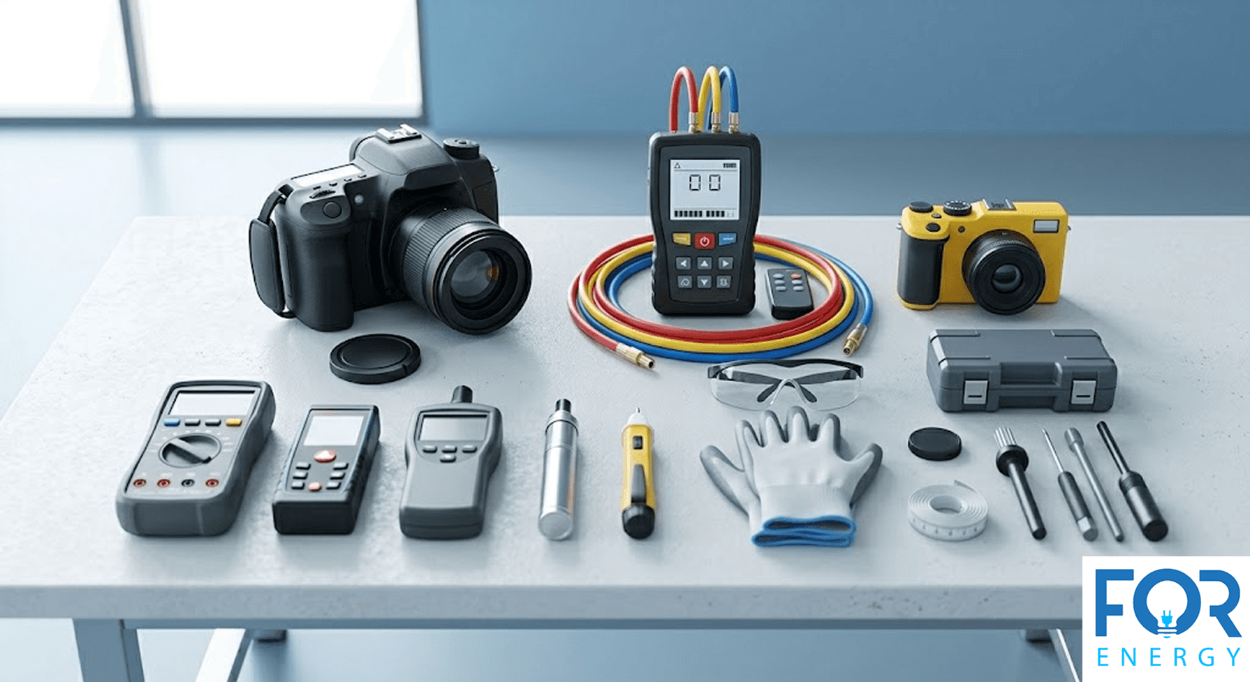 An array of professional home energy auditing tools neatly organized on a grey workbench. The equipment includes a thermal imaging camera, a digital multimeter, a moisture meter, a combustion analyzer, safety glasses, work gloves, and various sensors. The "FOR ENERGY" logo is featured in the bottom right corner.