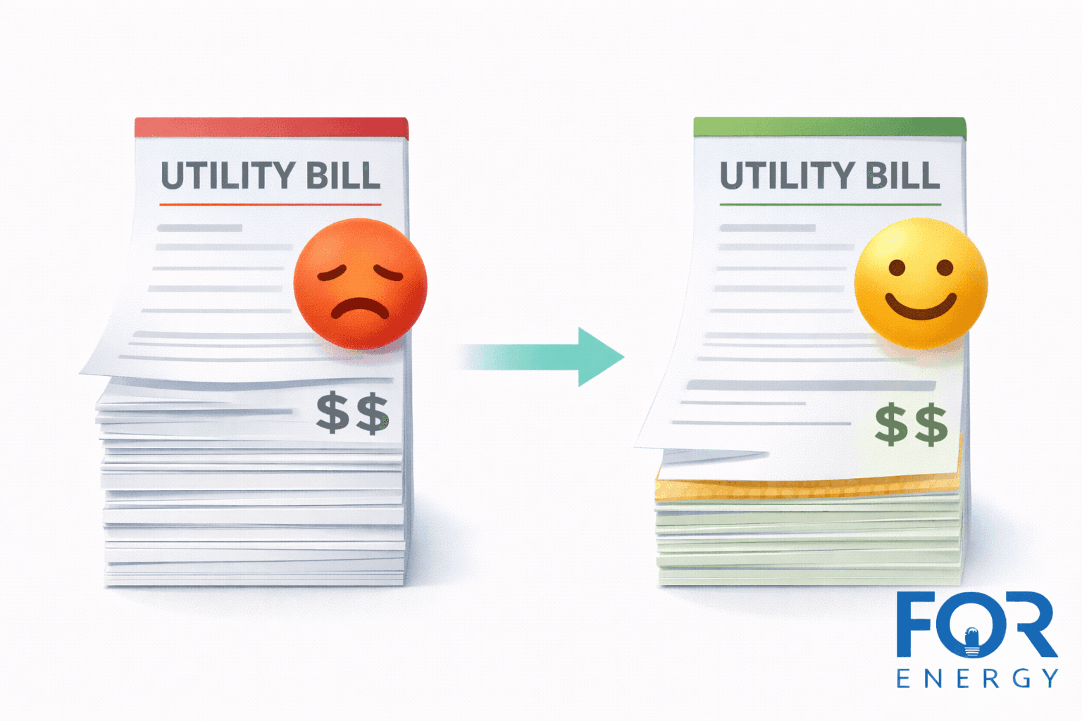 Stack of utility bills labeled “UTILITY BILL” with a sad face emoji on top and dollar signs, pointing with an arrow to a smaller stack of bills with a smiling emoji and dollar signs, symbolizing reduced energy costs; FOR Energy logo in the bottom right.