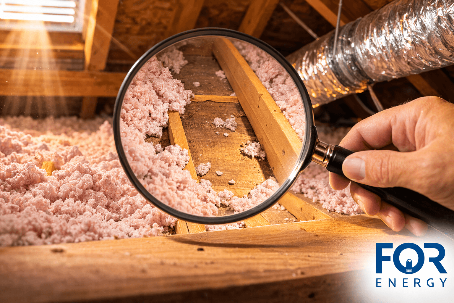 Hand holding a magnifying glass over attic insulation, revealing a gap between wooden joists where insulation is missing; sunlight shines through a vent and a silver air duct runs along the right side, suggesting an inspection for energy loss. FOR Energy logo in the bottom right.