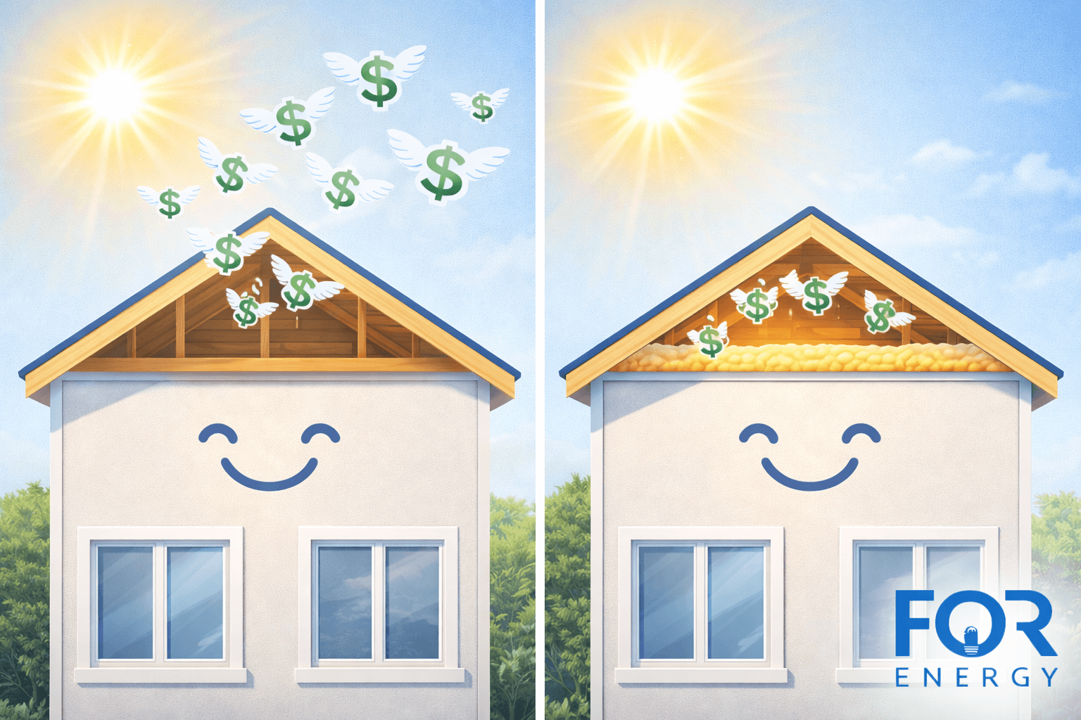 Illustration split into two panels of a smiling house under the sun. In the left panel, the attic is empty and winged dollar symbols fly out through the roof, suggesting energy or money loss. In the right panel, the attic is filled with insulation, and the winged dollar symbols remain inside, representing energy savings. A “FOR Energy” logo appears in the bottom right.