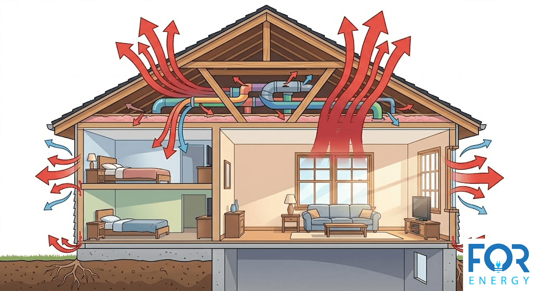 An architectural cross-section diagram of a house showing various ways energy is lost. Red arrows represent heat escaping through the roof, attic ductwork, walls, and windows, while small blue arrows indicate air infiltration points. The "FOR ENERGY" logo is featured in the bottom right corner.