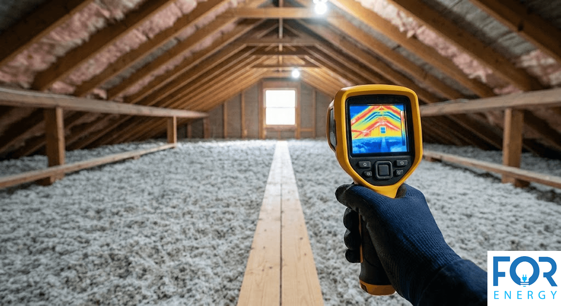 A person wearing a black glove holds a yellow thermal imaging camera to inspect an attic. The camera's screen displays a heat map of the attic, showing bright red and orange areas of heat along the rafters and roof. The actual attic in the background features thick grey blown-in insulation and pink fiberglass batts along the slanted ceiling. The "FOR ENERGY" logo is in the bottom right corner.