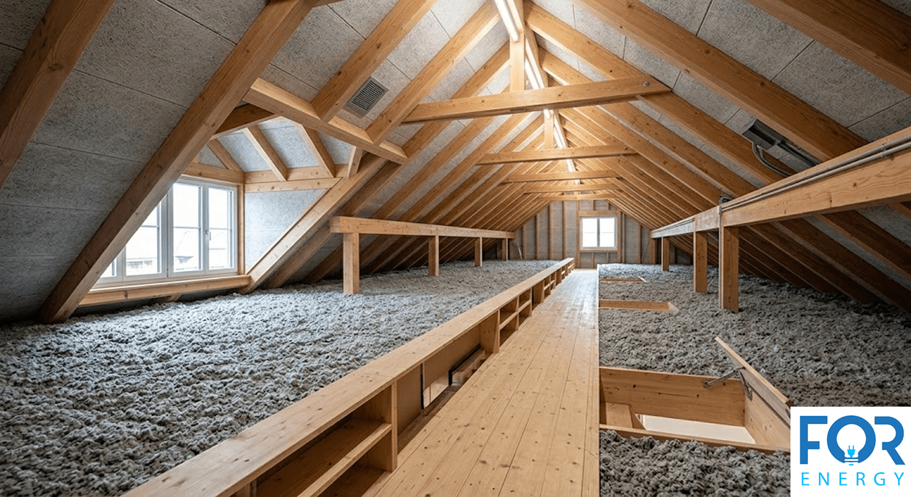 A bright, well-organized attic space featuring clean wooden beams and rafters. The floor is covered with a thick, uniform layer of grey blown-in cellulose insulation, and a central wooden walkway leads toward a small window. To the left, a larger dormer window lets in natural light. The "FOR ENERGY" logo is visible in the bottom right corner.