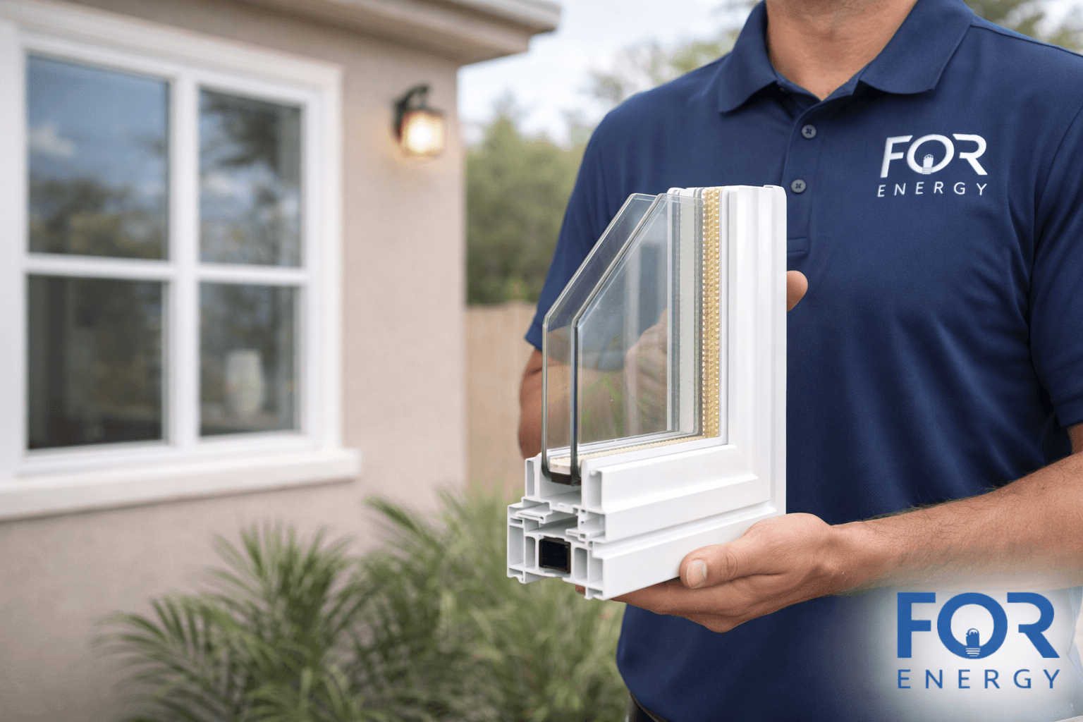 A technician wearing a FOR Energy polo shirt holds a cross-section sample of a double-pane energy-efficient window frame, demonstrating the insulated glass layers and frame design, with a home exterior and installed window visible in the background.