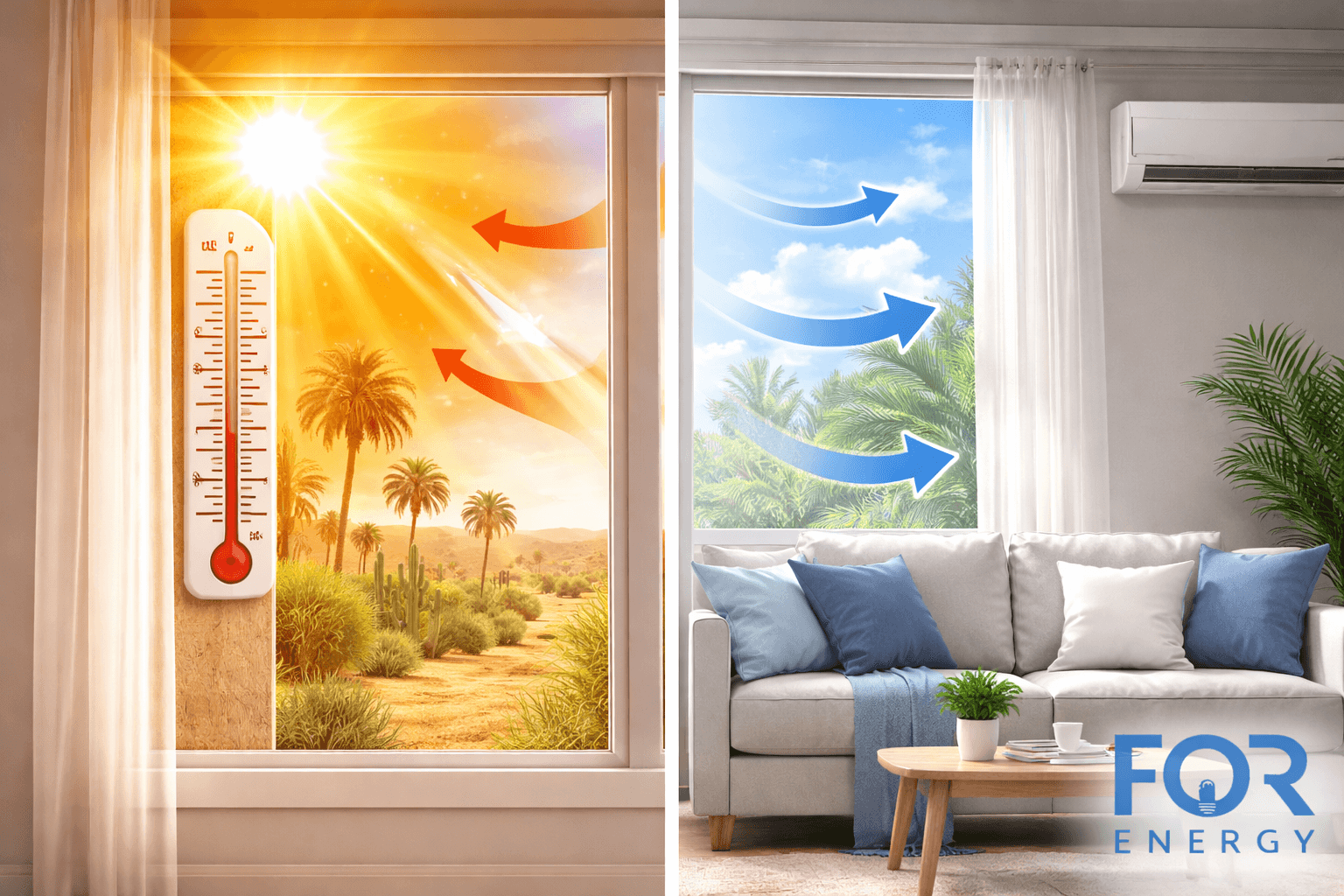 A split illustration showing heat entering a home through a window on a hot sunny day, with red arrows and a high thermometer indicating rising outdoor temperatures, contrasted with a cool indoor living room where blue arrows from a wall-mounted air conditioner circulate cooled air. The FOR Energy logo appears in the bottom right corner.