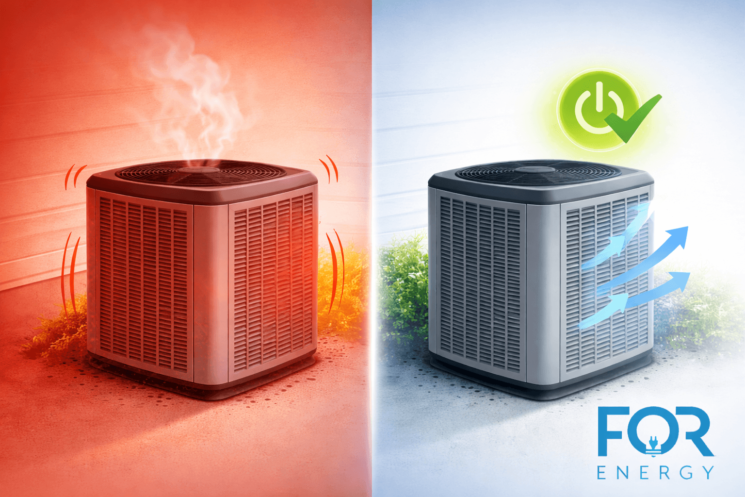 Side-by-side illustration of two outdoor air conditioning units. On the left, the unit is tinted red with heat waves rising from the top and vibration lines around it, suggesting overheating or inefficiency. On the right, the unit appears normal gray with blue arrows showing smooth airflow and a glowing green power button icon with a checkmark above it, indicating efficient operation. The FOR Energy logo is displayed in the bottom right corner.