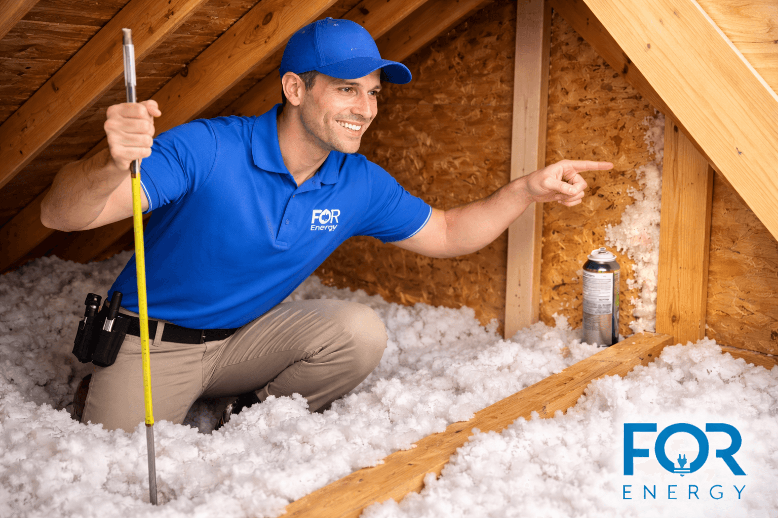 A FOR Energy technician wearing a blue polo and cap kneels in an attic filled with loose white insulation. He holds a measuring stick and points toward the roof decking, smiling as he inspects the space. Wooden beams and rafters frame the attic, and a can of spray foam insulation sits nearby. The FOR Energy logo appears in the bottom right corner.