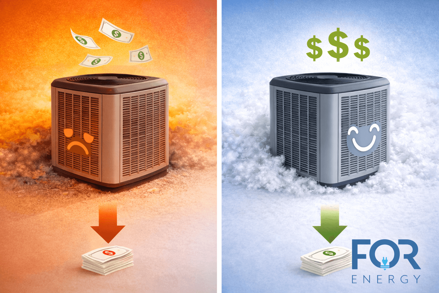 Side-by-side illustration of two outdoor air conditioning units comparing costs and efficiency. On the left, the unit appears overheated with an orange background and a sad face icon on it, while dollar bills float away above and a red downward arrow points to a stack of money, suggesting high energy costs. On the right, the unit sits in a cool blue setting with a smiling face icon, green dollar signs above it, and a green downward arrow pointing to a stack of money, indicating lower energy bills and improved efficiency. The FOR Energy logo appears in the bottom right corner.