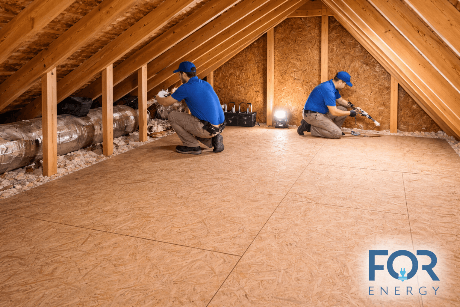 Wide view of an attic with exposed wooden rafters and plywood flooring. Two FOR Energy technicians in blue shirts and caps kneel on the floor, applying spray foam insulation along the edges near ductwork and framing. Tools and a work light sit nearby, illuminating the space. The FOR Energy logo appears in the bottom right corner.