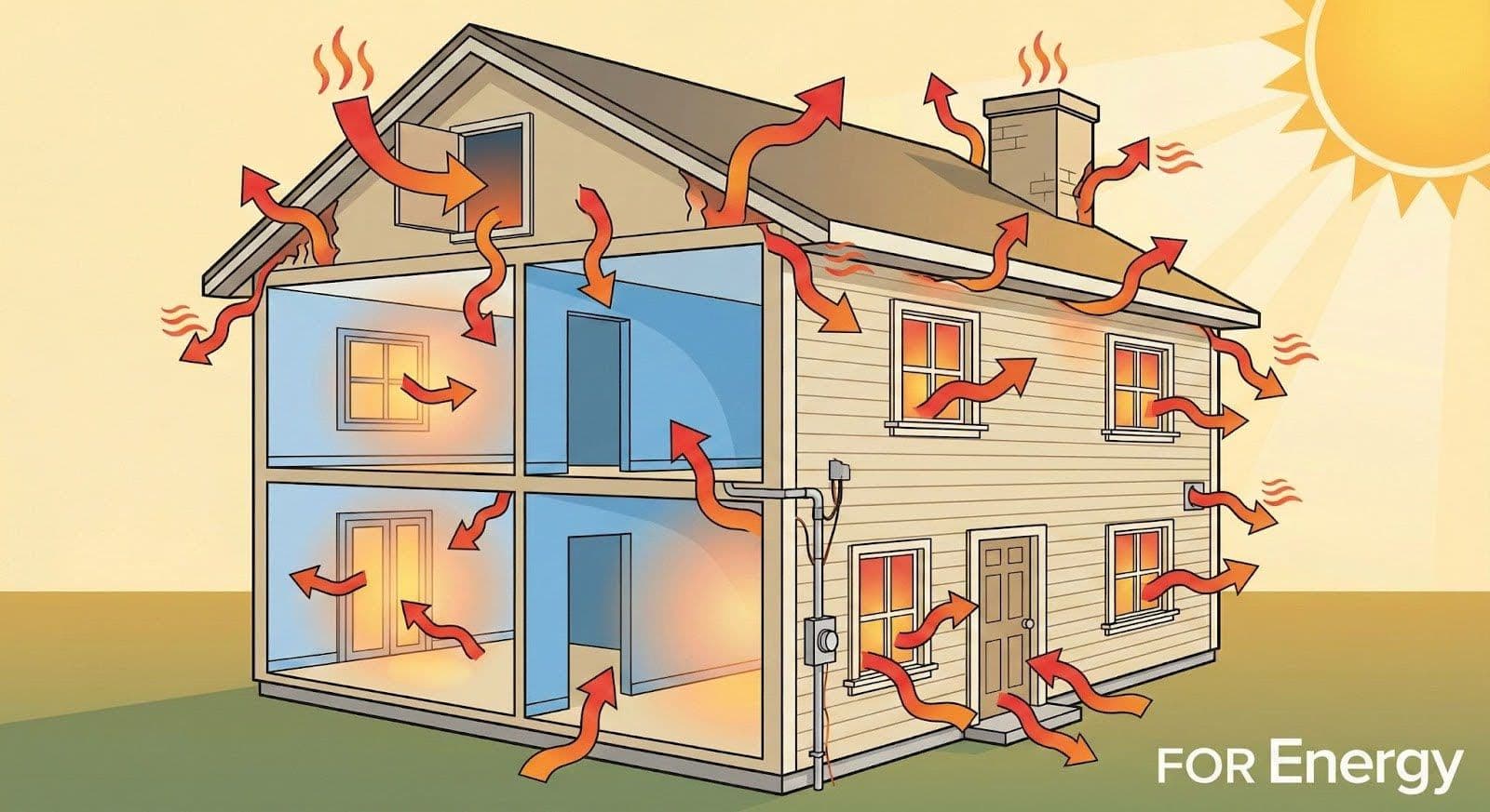 Illustration of a two-story house shown in cutaway view with red arrows indicating heat moving in and out through the roof, walls, windows, doors, and foundation. Heat rises from the roof and leaks through gaps around windows and doors, while warm air circulates inside rooms. A bright sun shines overhead, emphasizing energy loss and poor insulation throughout the home.