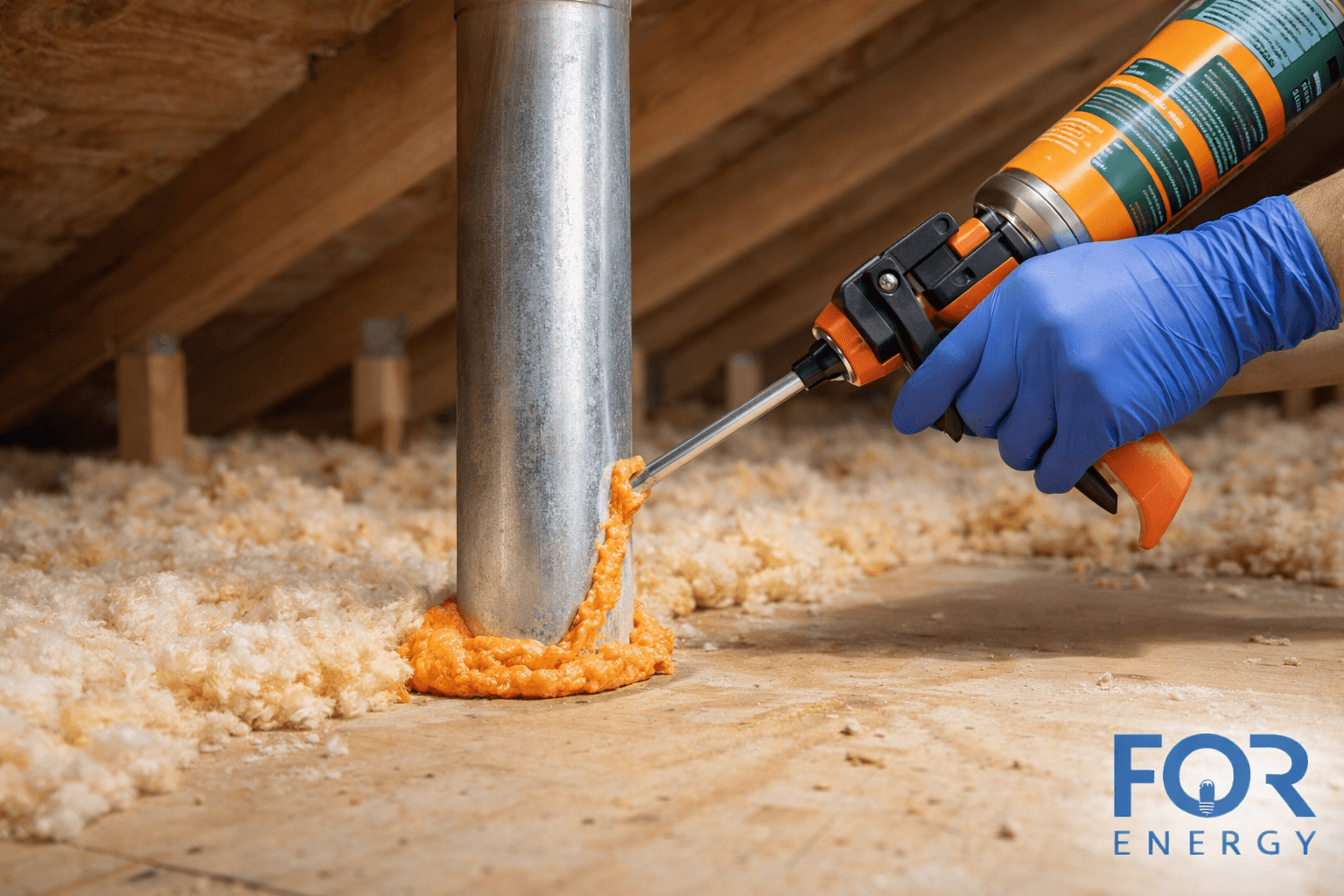 A gloved technician applies expanding spray foam around a metal pipe penetrating the attic floor to seal air leaks, with loose-fill insulation visible across the attic. The FOR Energy logo appears in the bottom right corner.