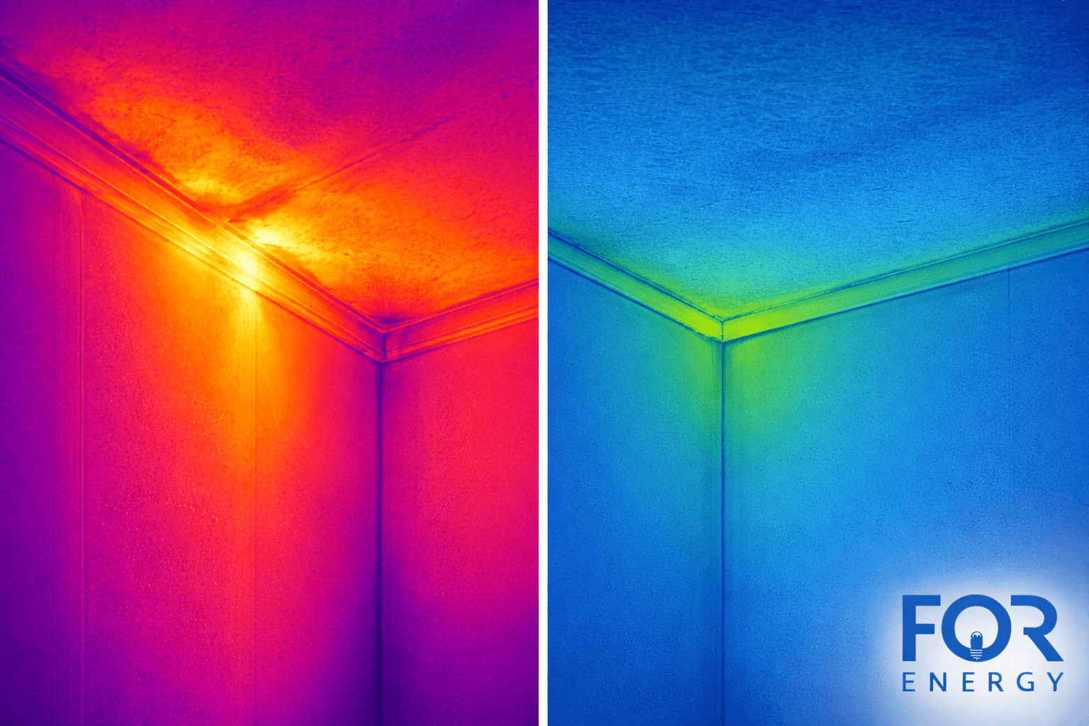 A side-by-side thermal imaging comparison of a room corner shows energy loss before and after insulation improvements: the left image displays bright red and yellow hotspots indicating heat leakage along the ceiling and wall junction, while the right image shows cooler blue and green tones, demonstrating improved insulation and reduced heat loss. The FOR Energy logo appears in the bottom right corner.