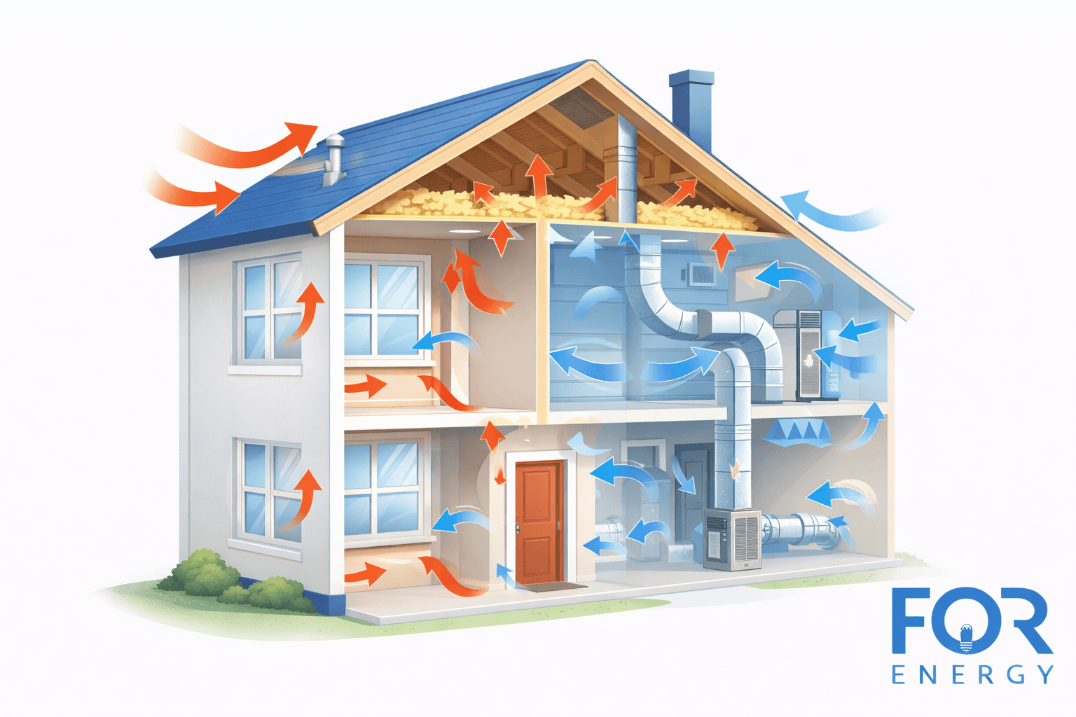 A cutaway illustration of a home showing airflow and temperature movement, with red arrows indicating warm air rising and escaping through the attic and blue arrows showing cool air circulating through the HVAC duct system. The attic contains insulation, and the FOR Energy logo appears in the bottom right corner.