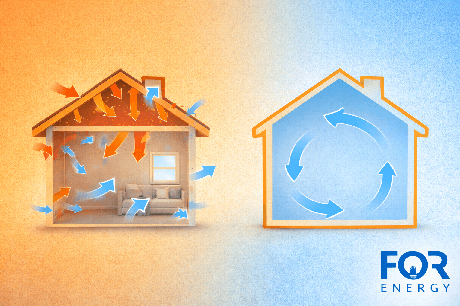 Split illustration of a house cross-section under the sun: the left side shows cool air circulating through the home and attic with blue arrows, while the right side shows heat building in the attic and flowing down into the living space with orange arrows, demonstrating the impact of attic insulation on indoor temperature. FOR Energy logo in the bottom right.