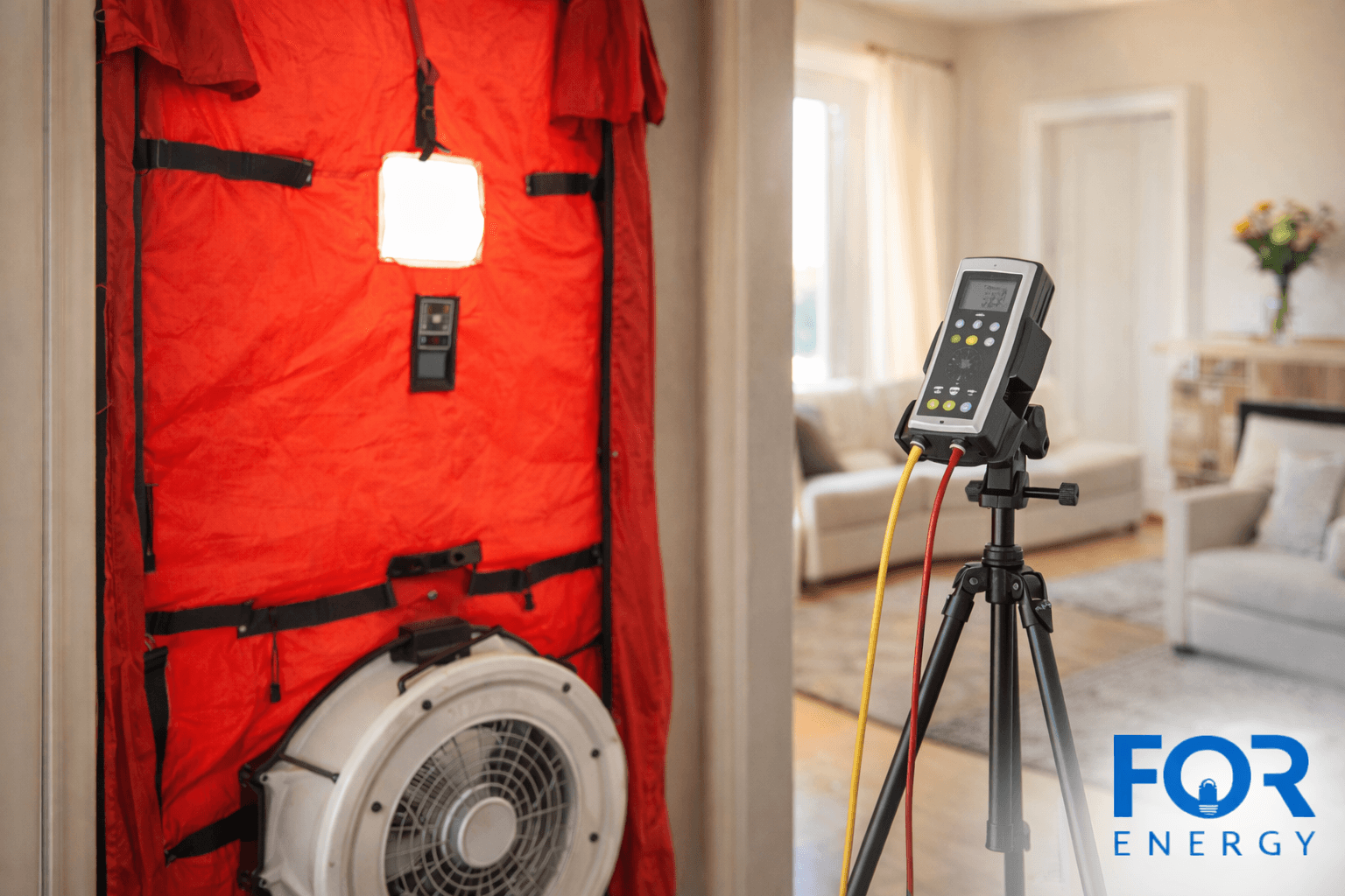 Red blower door test setup installed in a home’s doorway with a large fan and pressure gauge equipment on a tripod in the foreground, used to measure air leaks and energy efficiency during a home energy audit. FOR Energy logo in the bottom right.