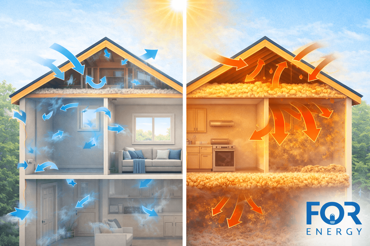 Split illustration of a house cross-section under the sun: the left side shows cool air circulating through the home and attic with blue arrows, while the right side shows heat building in the attic and flowing down into the living space with orange arrows, demonstrating the impact of attic insulation on indoor temperature. FOR Energy logo in the bottom right.