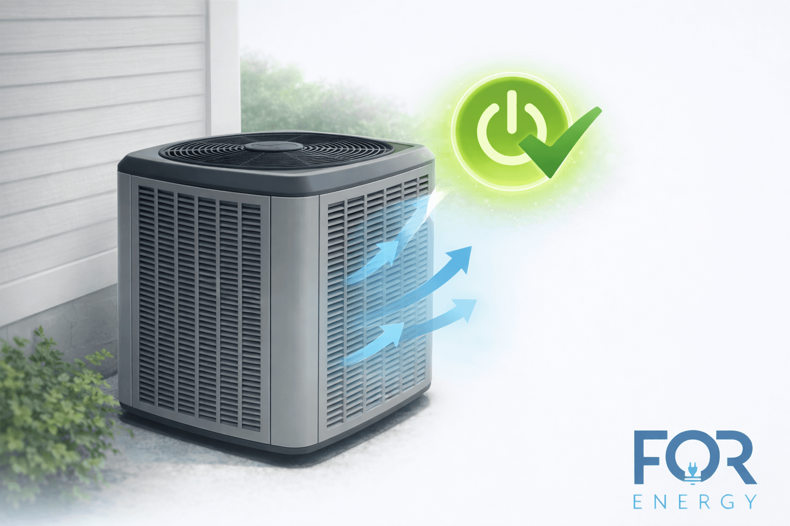 Illustration of an outdoor air conditioning condenser unit beside a house, with blue arrows showing airflow moving through the unit. A glowing green power button icon with a checkmark appears above it, symbolizing efficient operation or energy savings. The FOR Energy logo is displayed in the bottom right corner.