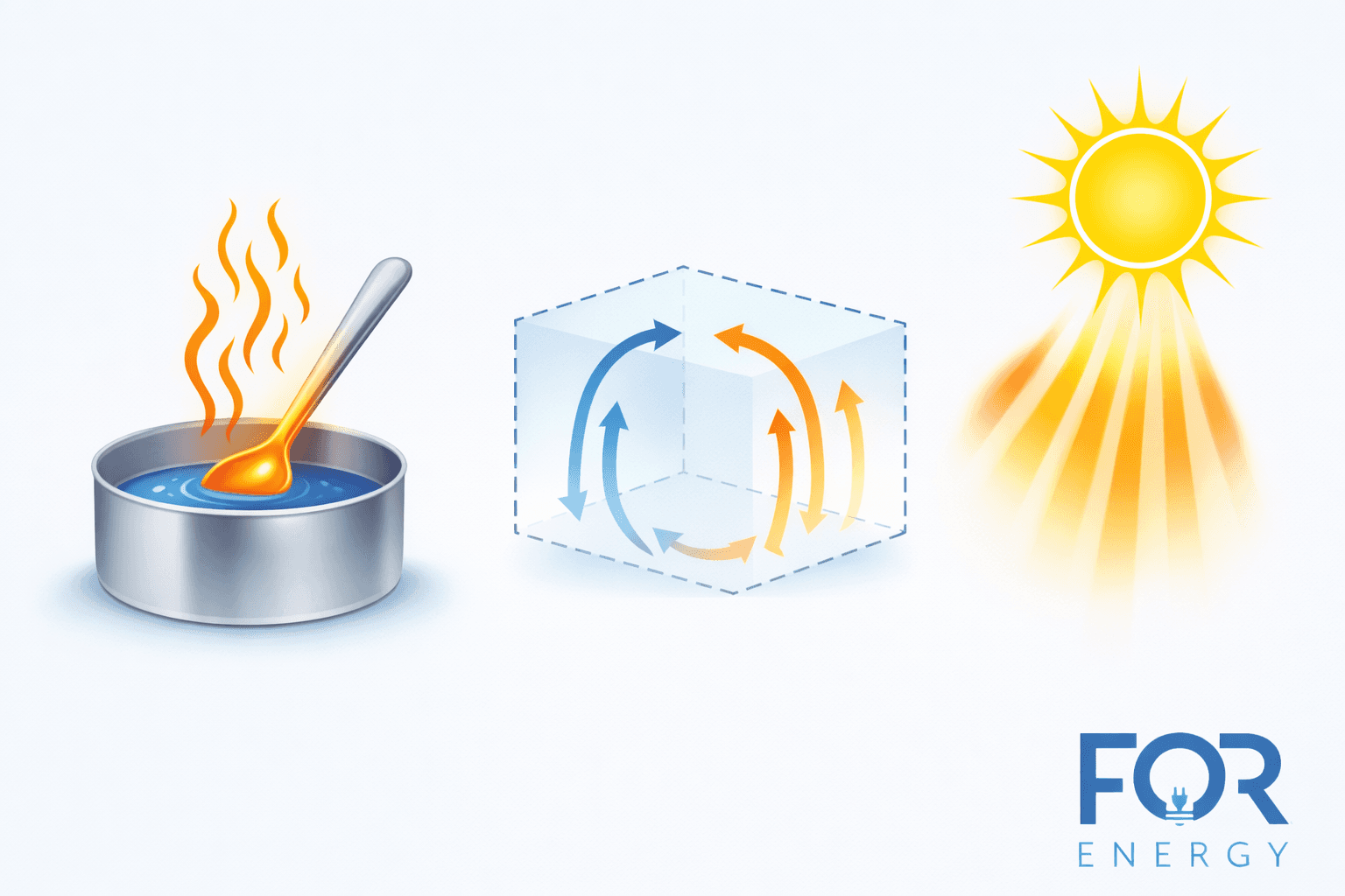 Illustration showing three heat transfer concepts. On the left, a metal pot of water with a spoon inside emits rising heat waves, representing conduction. In the center, a transparent cube with circular blue and orange arrows shows air circulating, representing convection. On the right, a bright yellow sun emits rays of light and heat, representing radiation. The FOR Energy logo appears in the bottom right corner.