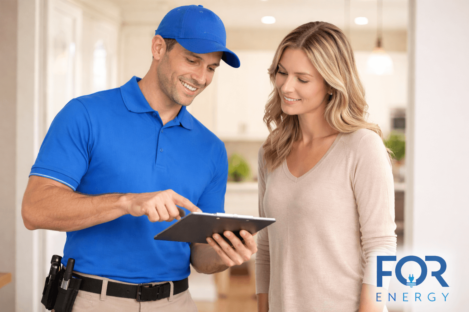 A FOR Energy technician wearing a blue polo and cap stands indoors with a female homeowner, both smiling as they review information on a tablet. The technician points to the screen while explaining details. The homeowner looks on attentively. The setting is a bright, modern home interior with soft lighting in the background. The FOR Energy logo appears in the bottom right corner.