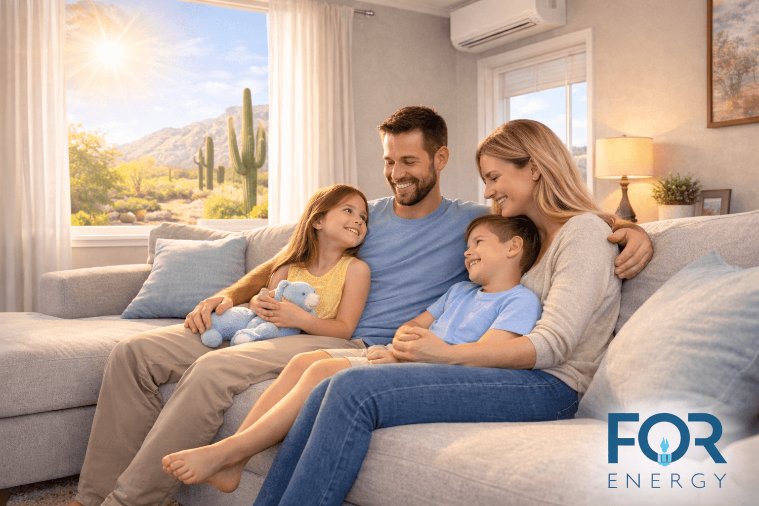 A smiling family of four relaxes together on a couch in a bright living room. Sunlight streams through a large window revealing a desert landscape with cacti and mountains outside, while a wall-mounted air conditioning unit is visible above. The parents sit with their young daughter holding a stuffed toy and their son leaning comfortably against them. The FOR Energy logo appears in the bottom right corner.