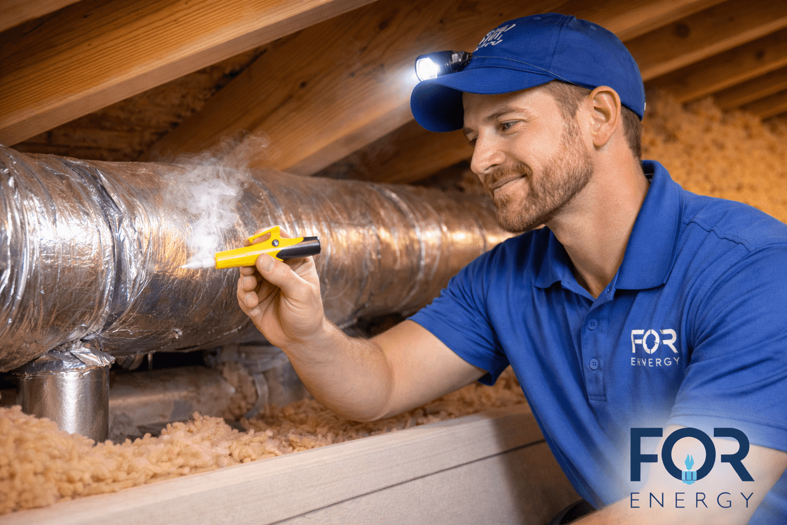A FOR Energy technician wearing a blue polo and cap with a headlamp inspects insulated ductwork in an attic. He holds a small yellow smoke pen near the duct seam, releasing a thin stream of smoke to check for air leaks. Loose-fill insulation covers the attic floor, and exposed wooden rafters frame the space. The FOR Energy logo appears in the bottom right corner.