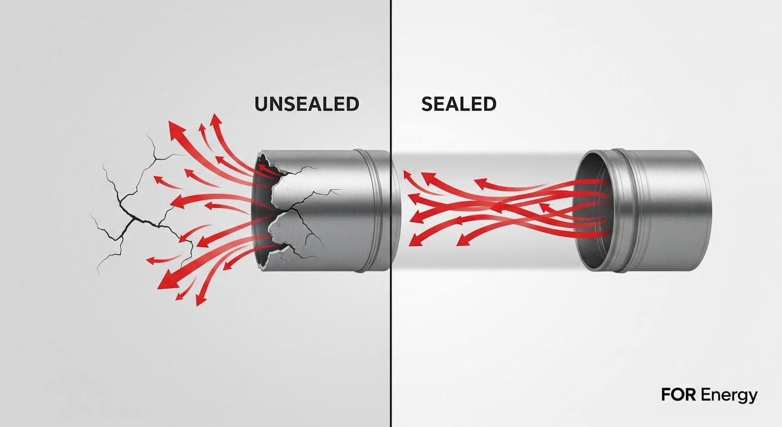 Side-by-side illustration comparing an unsealed and a sealed duct or pipe. On the left, labeled “Unsealed,” cracks around the pipe allow air to leak outward, shown by red arrows escaping in multiple directions. On the right, labeled “Sealed,” the pipe is intact and air flows smoothly through it, illustrated by red arrows contained within, demonstrating reduced air leakage and improved energy efficiency.