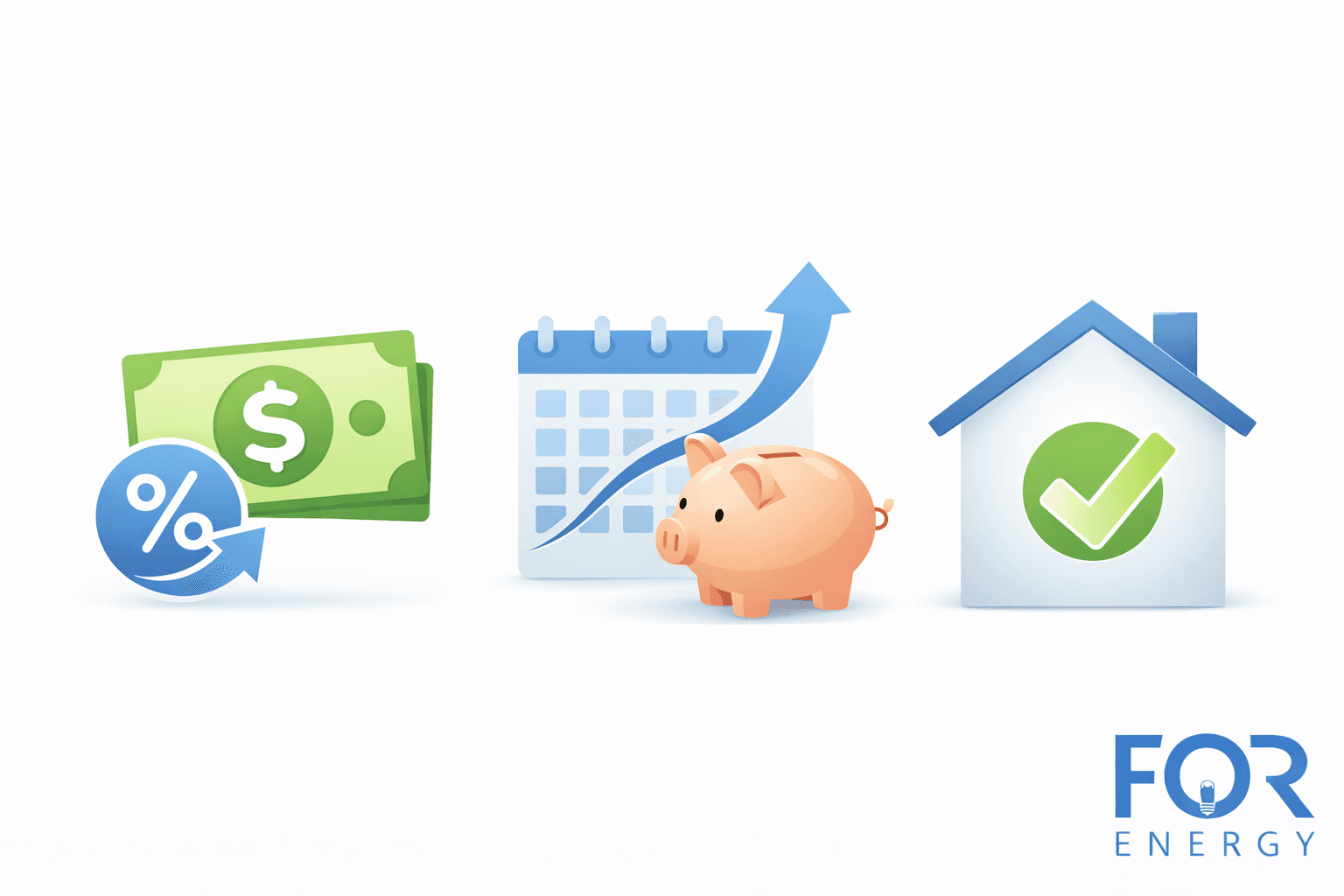 An illustration showing financial and home energy benefits: a stack of cash with a percentage symbol, a calendar with an upward arrow and piggy bank representing long-term savings, and a house with a green check mark indicating an approved or energy-efficient home. The FOR Energy logo appears in the bottom right corner.