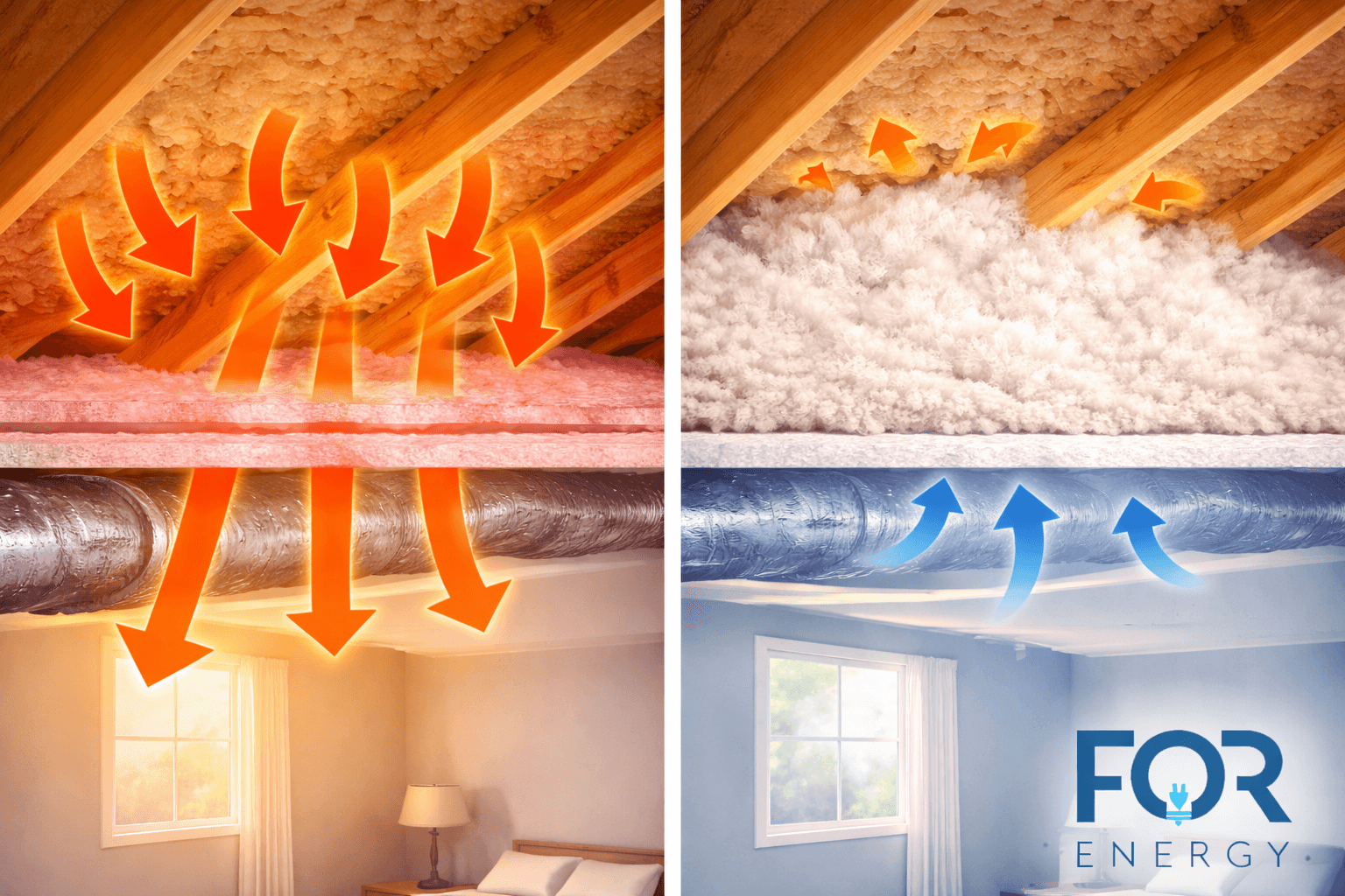 Side-by-side comparison of an attic and bedroom below. On the left, orange arrows show heat radiating from the roof through thin insulation and ductwork into the room, warming the space. On the right, a thicker layer of white insulation blocks the heat, with small orange arrows deflecting upward and blue arrows indicating cooler air staying inside the room. The FOR Energy logo appears in the bottom right corner.